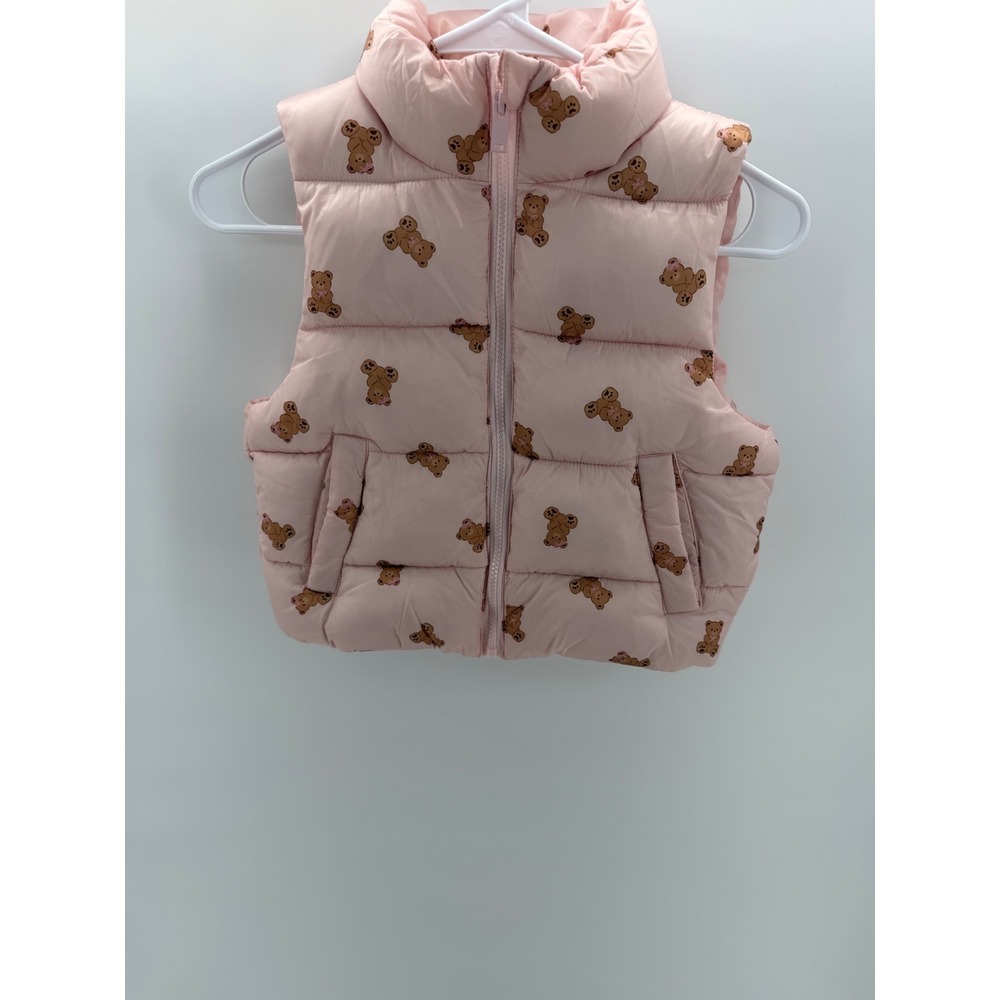 Sparkle & Fly Puffer Vest Girls Size 7-8 Pink Teddy Bear Print Excellent Zip Up